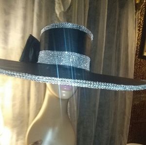 Black Faux Leather and Crystals Wide Brim Derby Ha